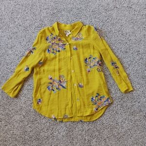 Anthropologie Fig And Flower Yellow Embroidered Button Down Top